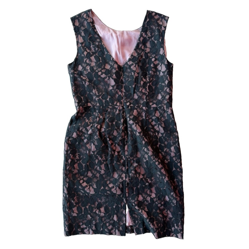 Antonio Melani Black Lace Floral Sheath Dress V-Neck Lined Zip Knee 14